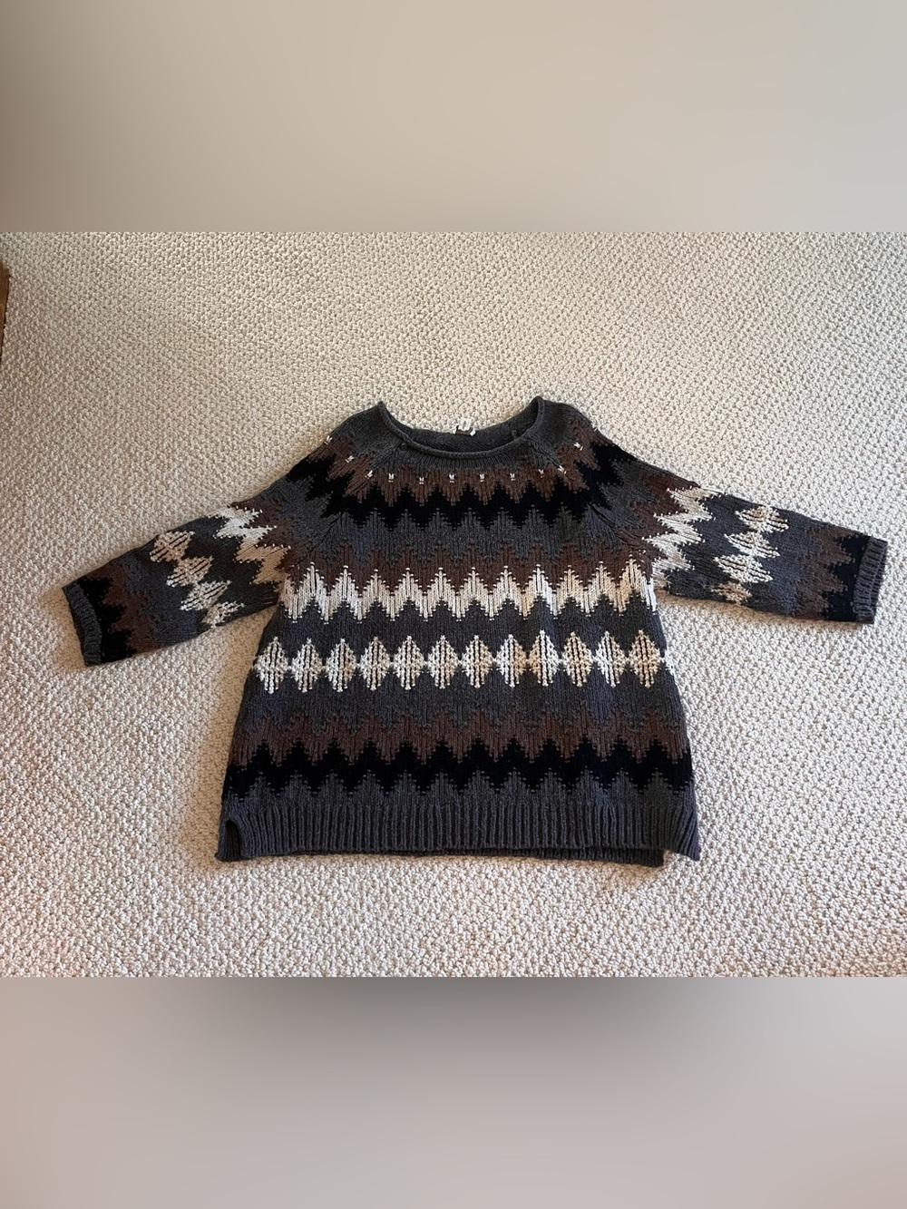 J Jill Cozy Chevron Knit Sweater - Gray, Brown & Cream